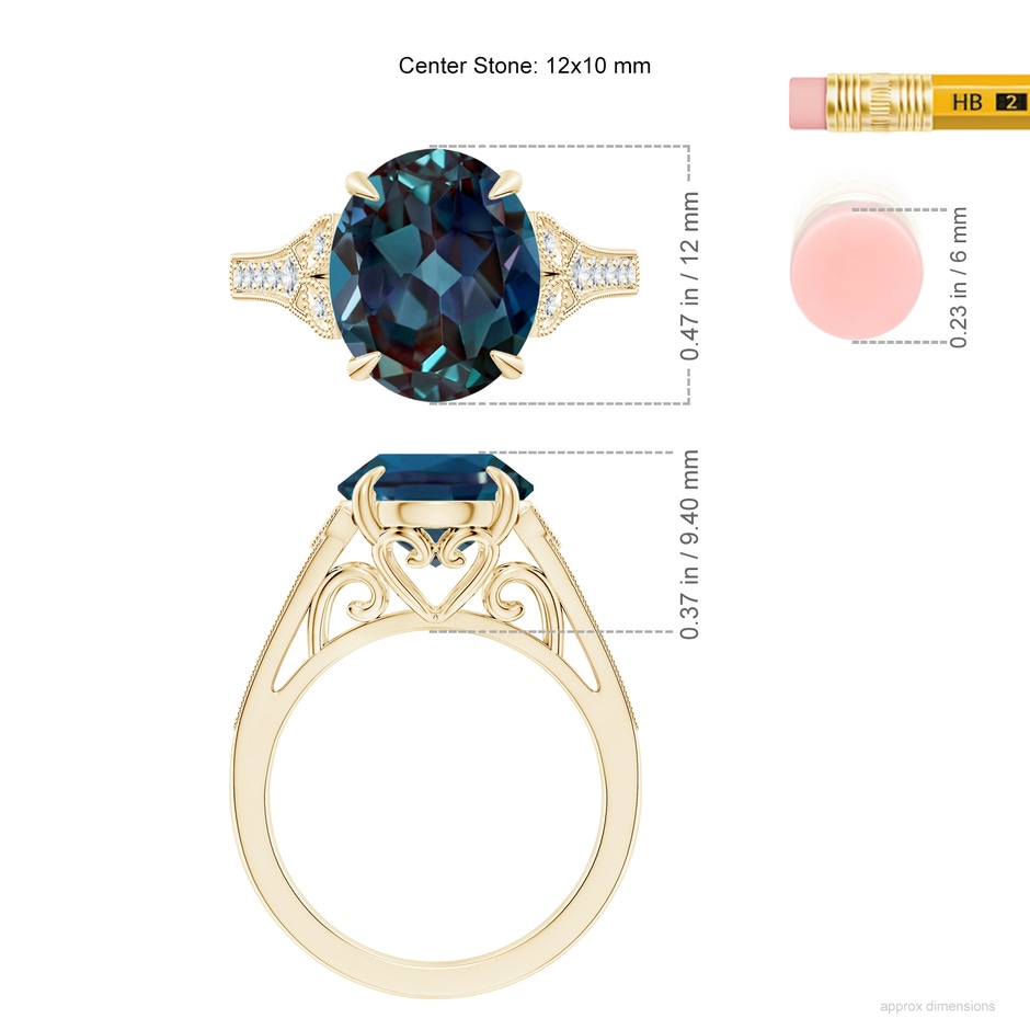 12x10mm Labgrown Aeon Vintage Inspired Oval Lab-Grown Alexandrite Solitaire Engagement Ring with Milgrain in 18K Yellow Gold ruler