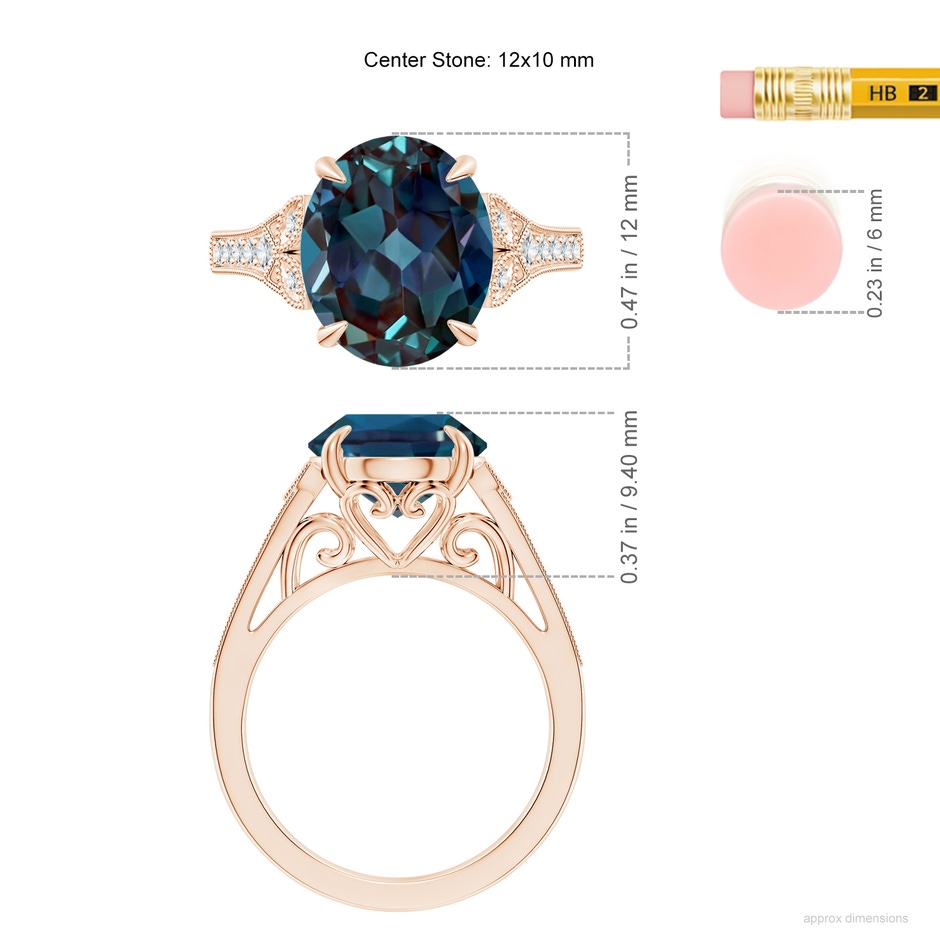 12x10mm Labgrown Aeon Vintage Inspired Oval Lab-Grown Alexandrite Solitaire Engagement Ring with Milgrain in Rose Gold ruler