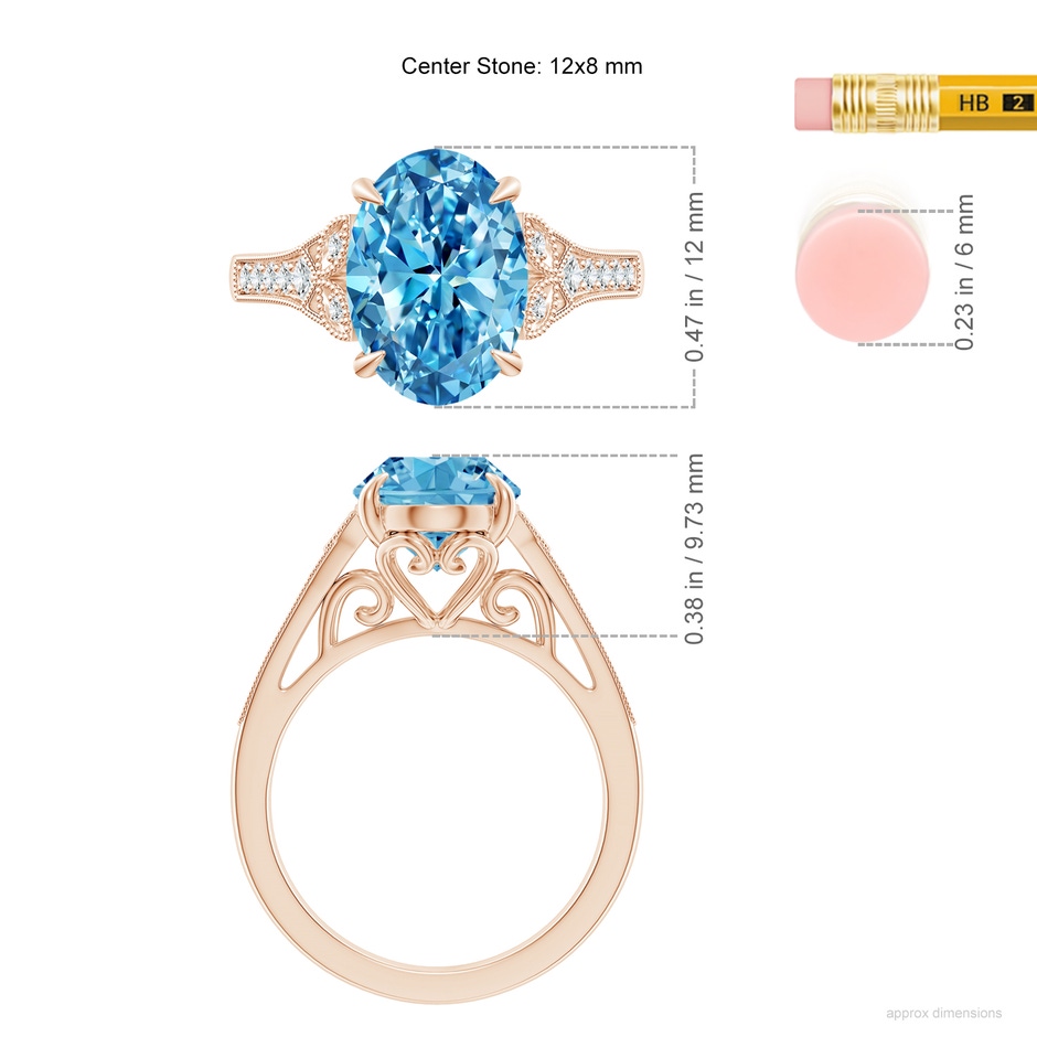12x8mm Labgrown Aeon Vintage Inspired Oval Lab-Grown Fancy Intense Blue Diamond Solitaire Engagement Ring with Milgrain in Rose Gold ruler