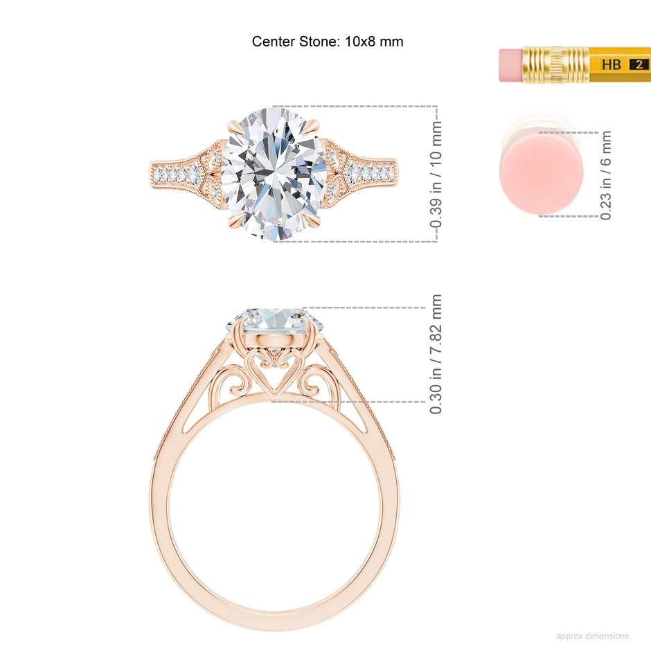 10x8mm FGVS Lab-Grown Aeon Vintage Inspired Oval Diamond Solitaire Engagement Ring with Milgrain in Rose Gold ruler