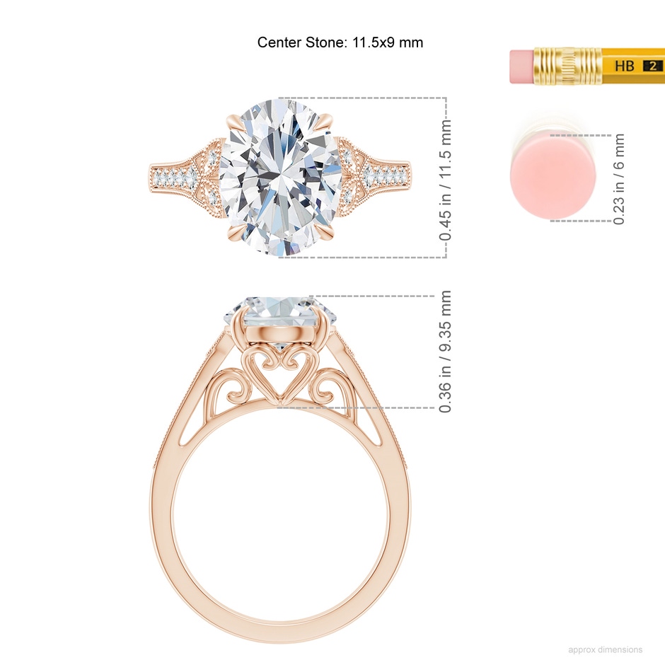 11.5x9mm FGVS Lab-Grown Aeon Vintage Inspired Oval Diamond Solitaire Engagement Ring with Milgrain in Rose Gold ruler