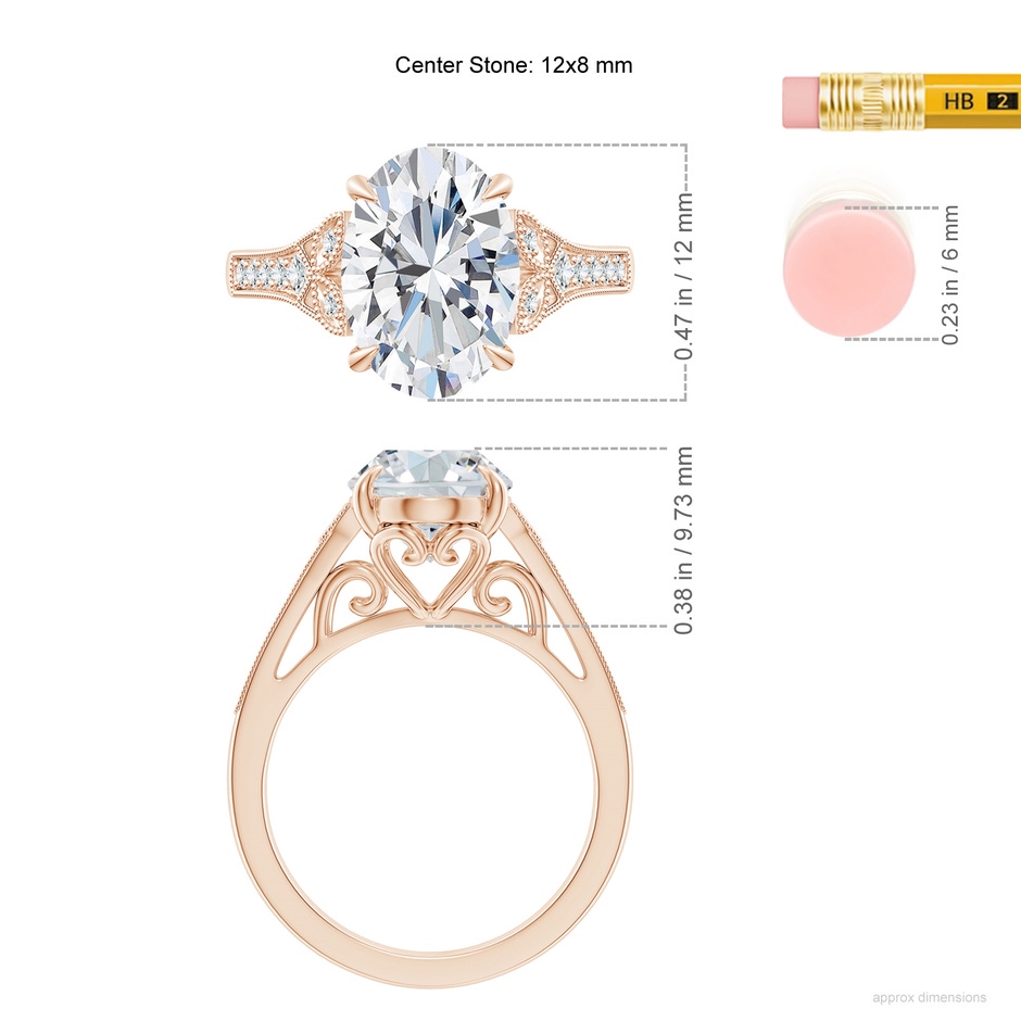 12x8mm FGVS Lab-Grown Aeon Vintage Inspired Oval Diamond Solitaire Engagement Ring with Milgrain in Rose Gold ruler