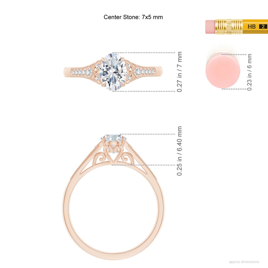 7x5mm FGVS Lab-Grown Aeon Vintage Inspired Oval Diamond Solitaire Engagement Ring with Milgrain in Rose Gold ruler