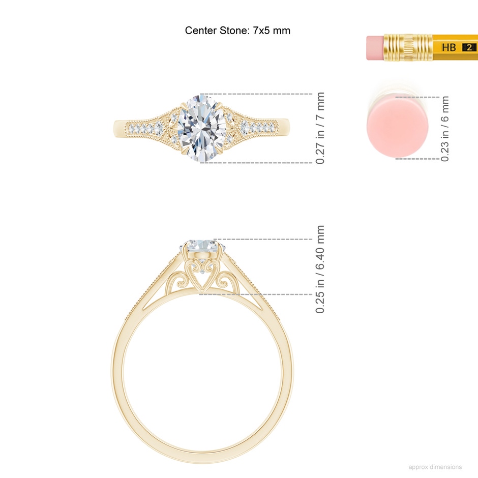 7x5mm FGVS Lab-Grown Aeon Vintage Inspired Oval Diamond Solitaire Engagement Ring with Milgrain in Yellow Gold ruler