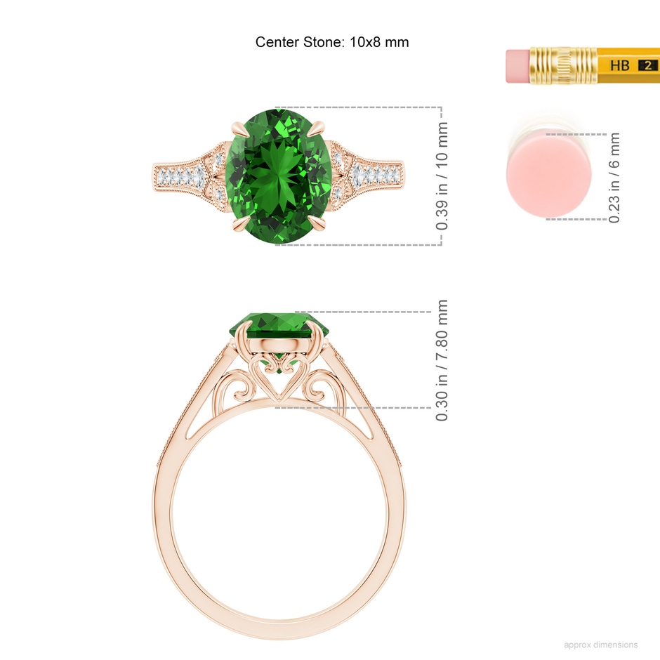 10x8mm Labgrown Lab-Grown Aeon Vintage Inspired Oval Emerald Solitaire Engagement Ring with Milgrain in Rose Gold ruler