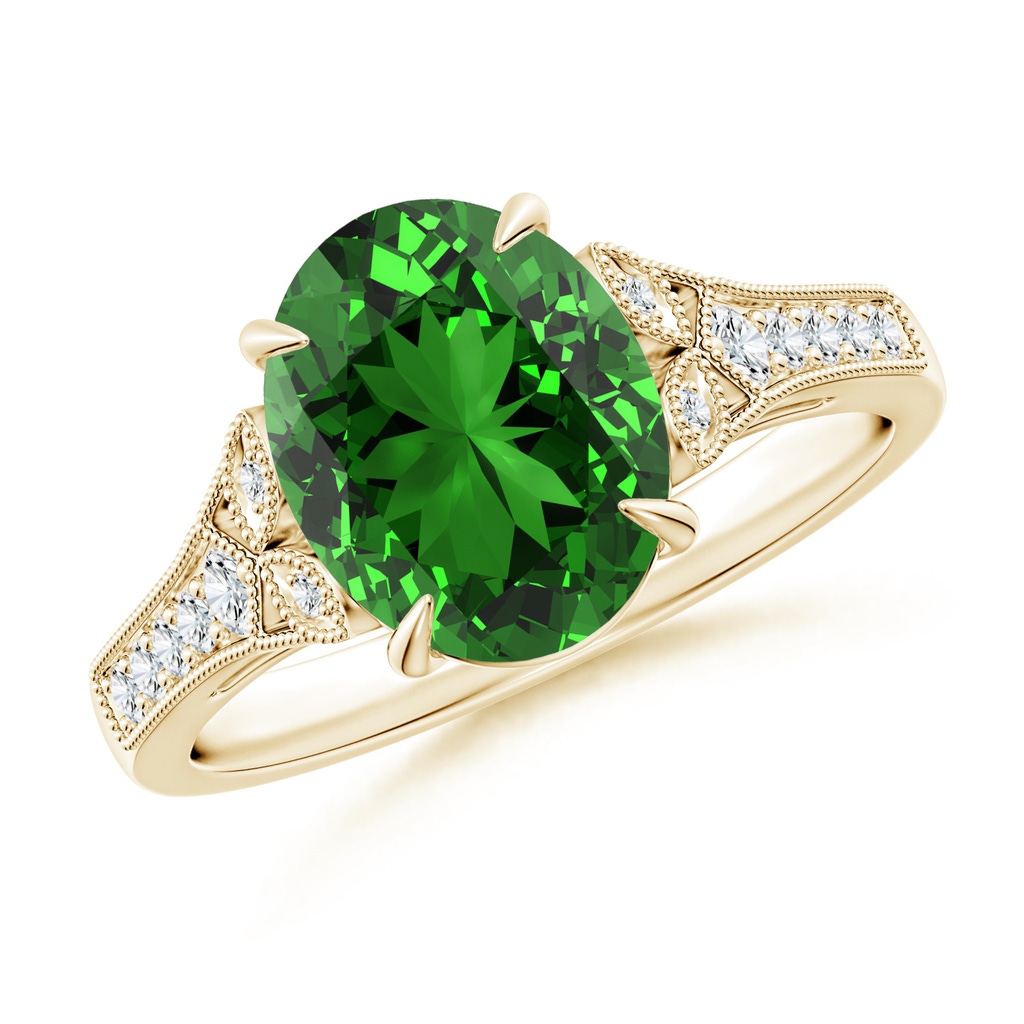10x8mm Labgrown Lab-Grown Aeon Vintage Inspired Oval Emerald Solitaire Engagement Ring with Milgrain in Yellow Gold