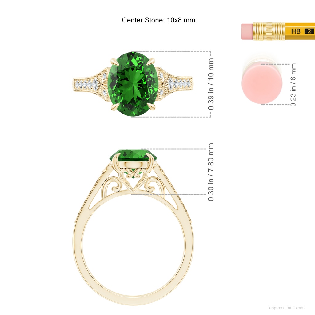 10x8mm Labgrown Lab-Grown Aeon Vintage Inspired Oval Emerald Solitaire Engagement Ring with Milgrain in Yellow Gold ruler