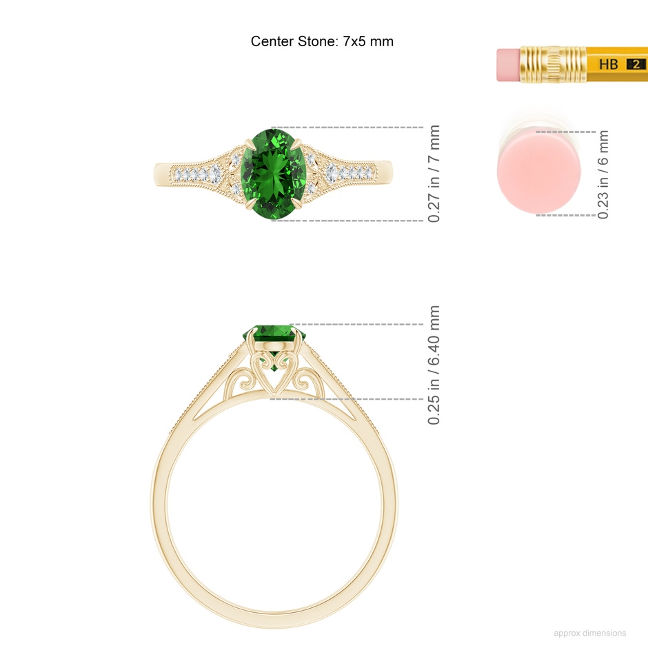 7x5mm Labgrown Lab-Grown Aeon Vintage Inspired Oval Emerald Solitaire Engagement Ring with Milgrain in Yellow Gold ruler