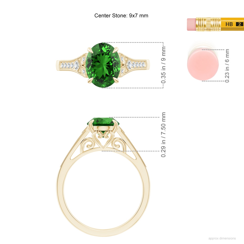 9x7mm Labgrown Lab-Grown Aeon Vintage Inspired Oval Emerald Solitaire Engagement Ring with Milgrain in Yellow Gold ruler