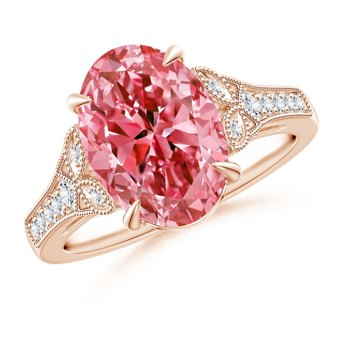 12x8mm Labgrown Aeon Vintage Inspired Oval Lab-Grown Fancy Intense Pink Diamond Solitaire Engagement Ring with Milgrain in 18K Rose Gold