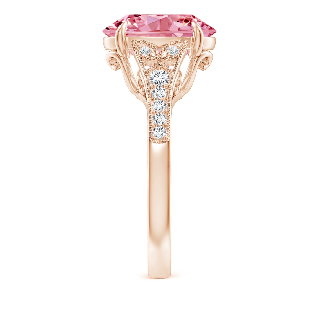 12x8mm Labgrown Aeon Vintage Inspired Oval Lab-Grown Fancy Intense Pink Diamond Solitaire Engagement Ring with Milgrain in 18K Rose Gold - side 3