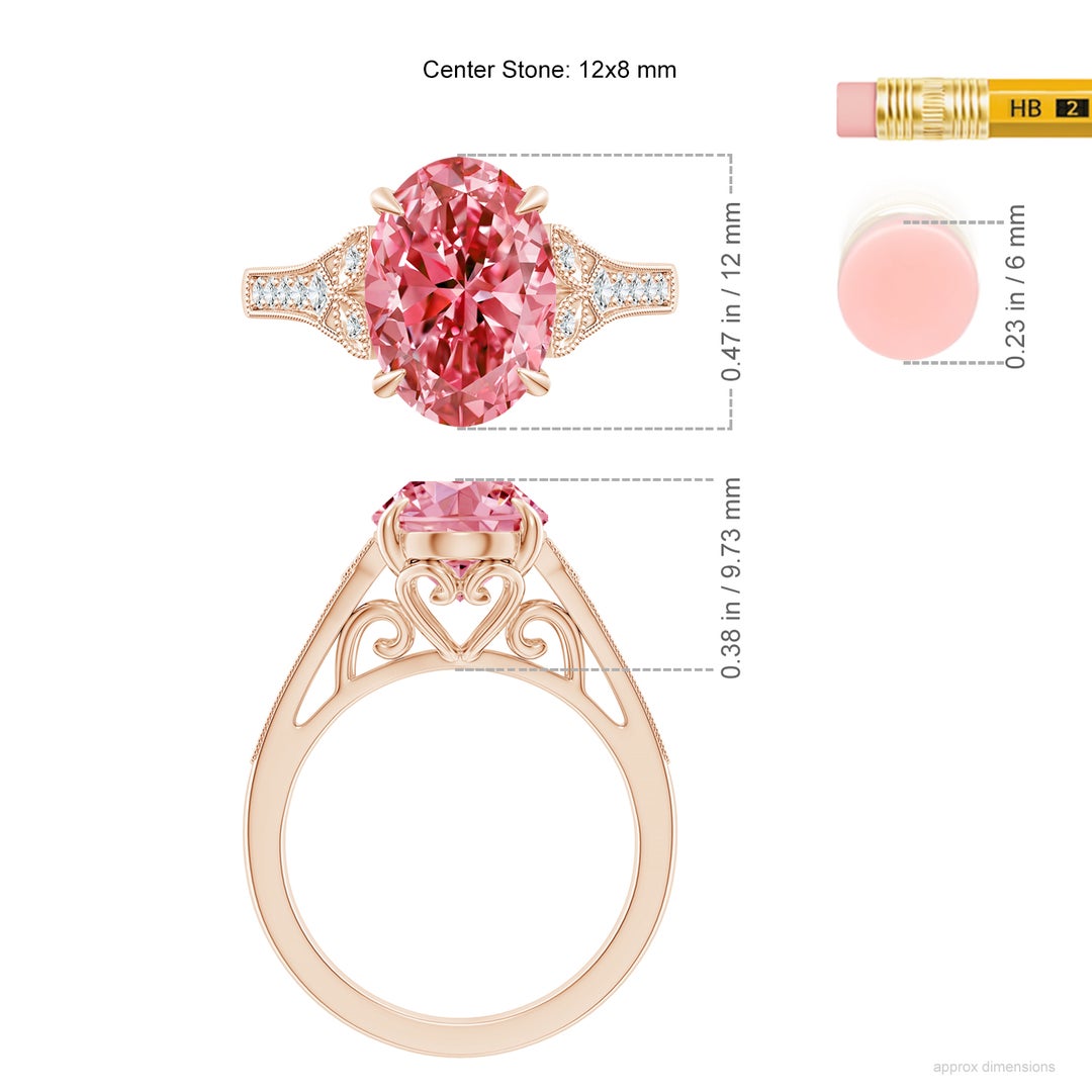 12x8mm Labgrown Aeon Vintage Inspired Oval Lab-Grown Fancy Intense Pink Diamond Solitaire Engagement Ring with Milgrain in 18K Rose Gold - ruler