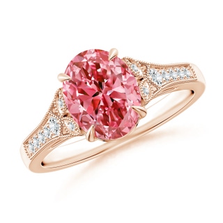 9x7mm Labgrown Aeon Vintage Inspired Oval Lab-Grown Fancy Intense Pink Diamond Solitaire Engagement Ring with Milgrain in 9K Rose Gold