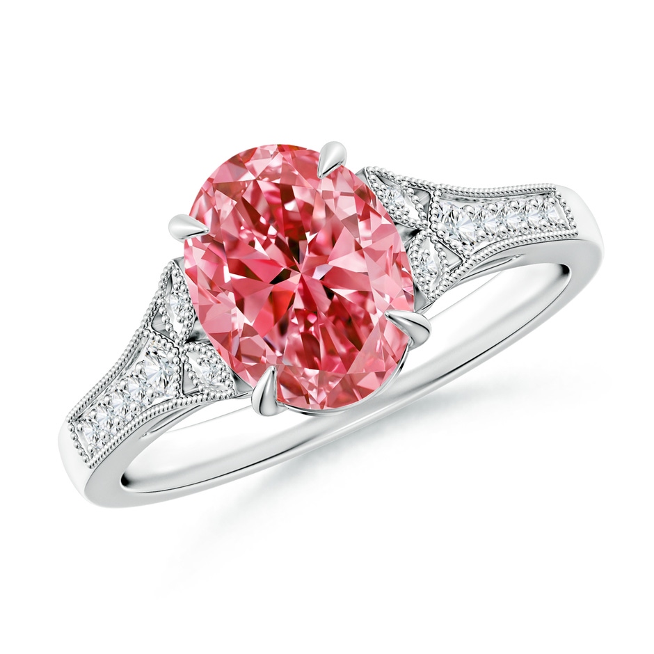 9x7mm Labgrown Aeon Vintage Inspired Oval Lab-Grown Fancy Intense Pink Diamond Solitaire Engagement Ring with Milgrain in S999 Silver 