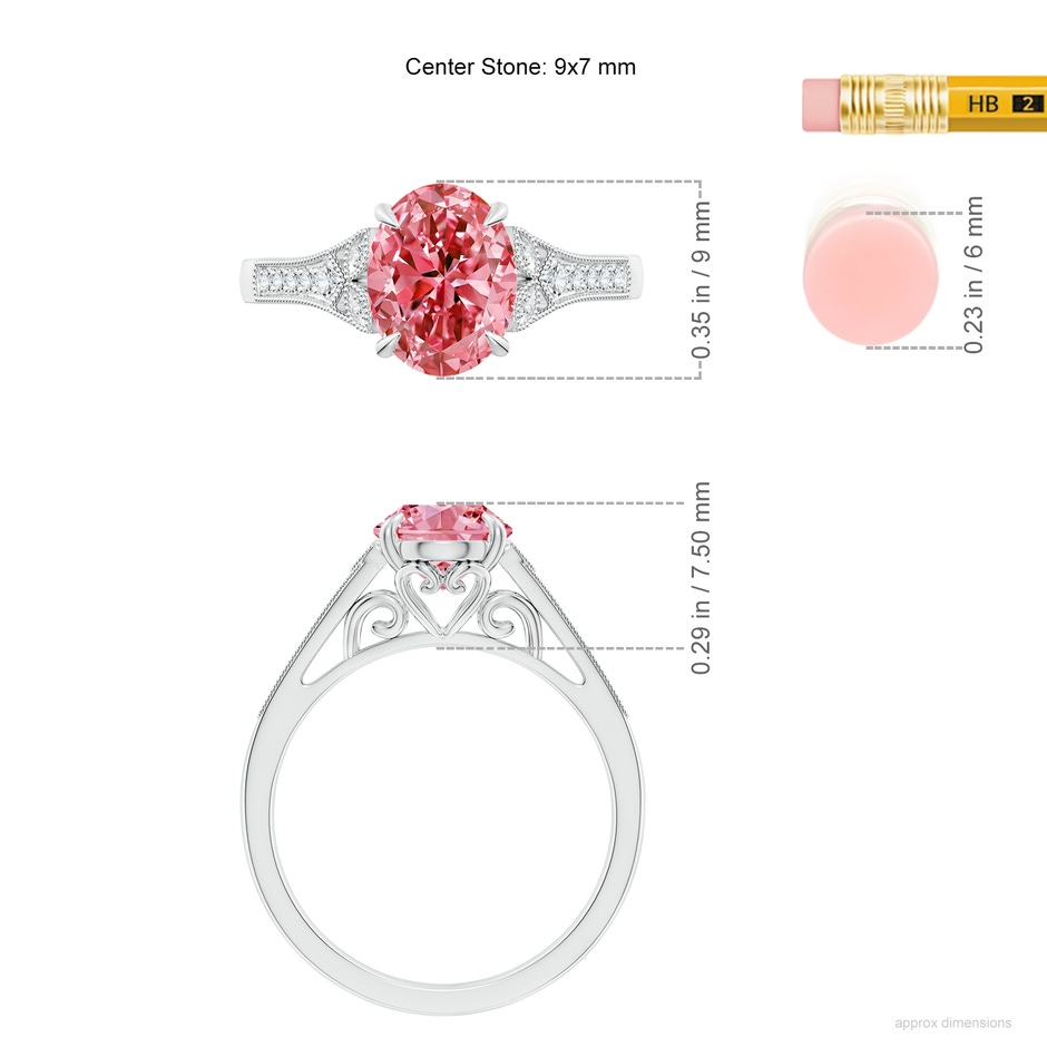 9x7mm Labgrown Aeon Vintage Inspired Oval Lab-Grown Fancy Intense Pink Diamond Solitaire Engagement Ring with Milgrain in S999 Silver ruler