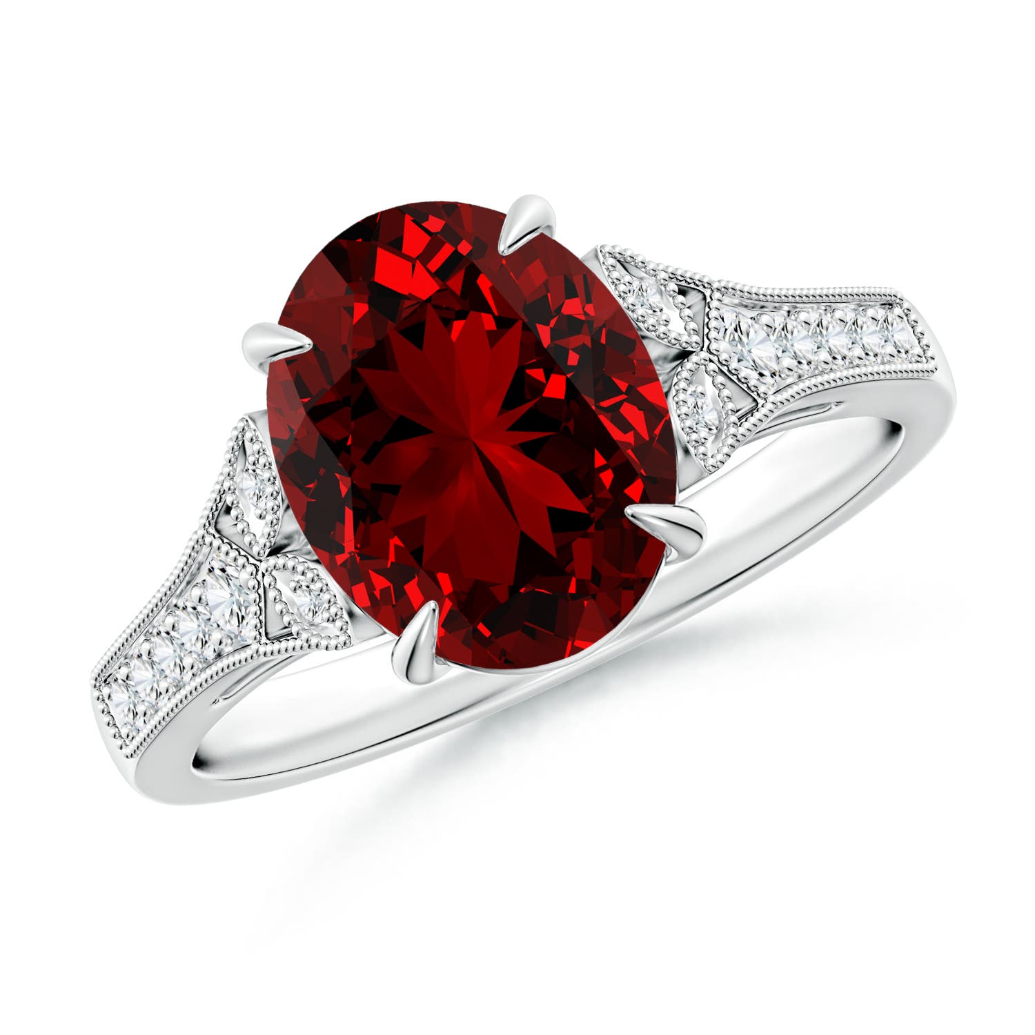 10x8mm Labgrown Lab-Grown Aeon Vintage Inspired Oval Ruby Solitaire Engagement Ring with Milgrain in White Gold