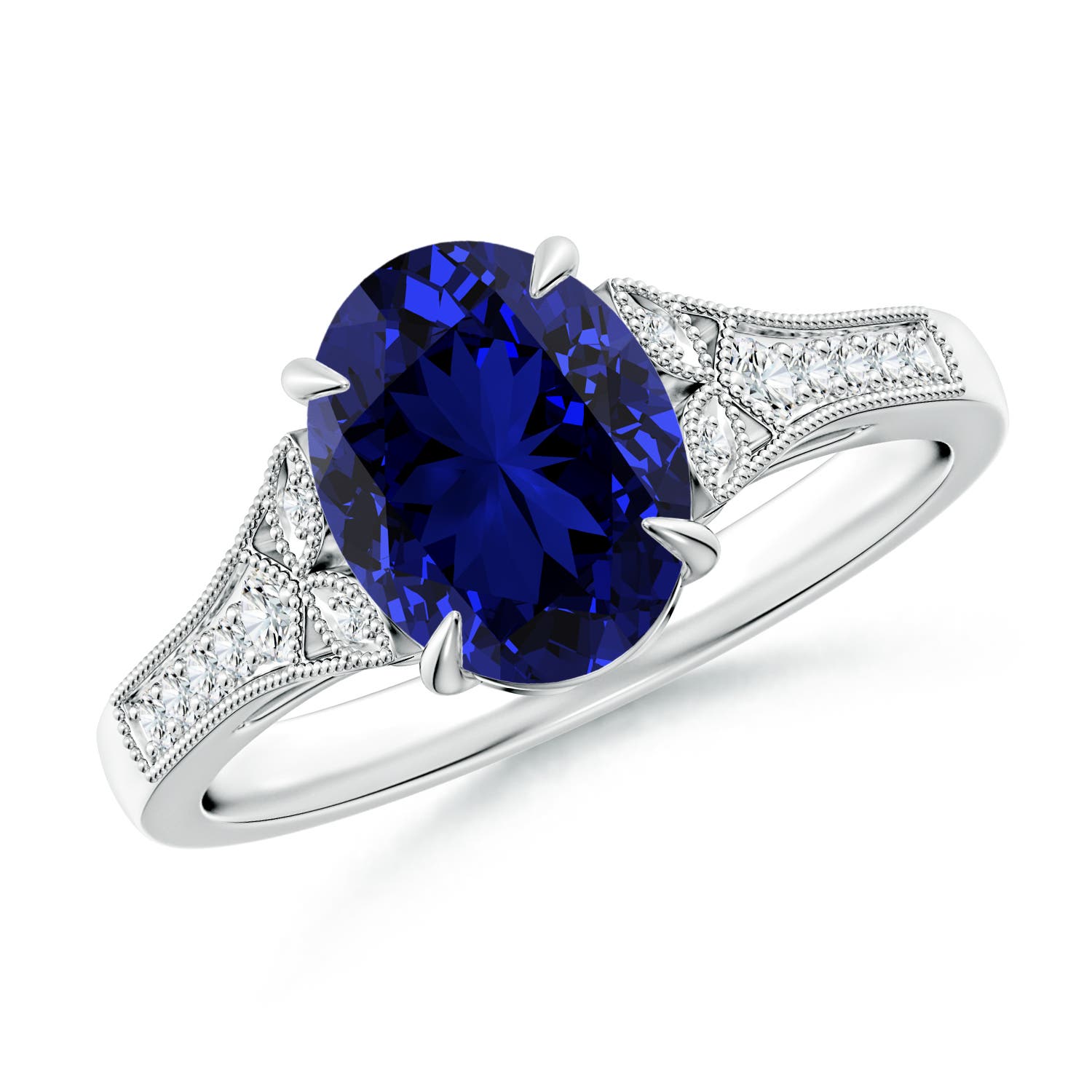 Platinum Sapphire And Baguette Cut Diamond Three Stone Ring With A Hal
