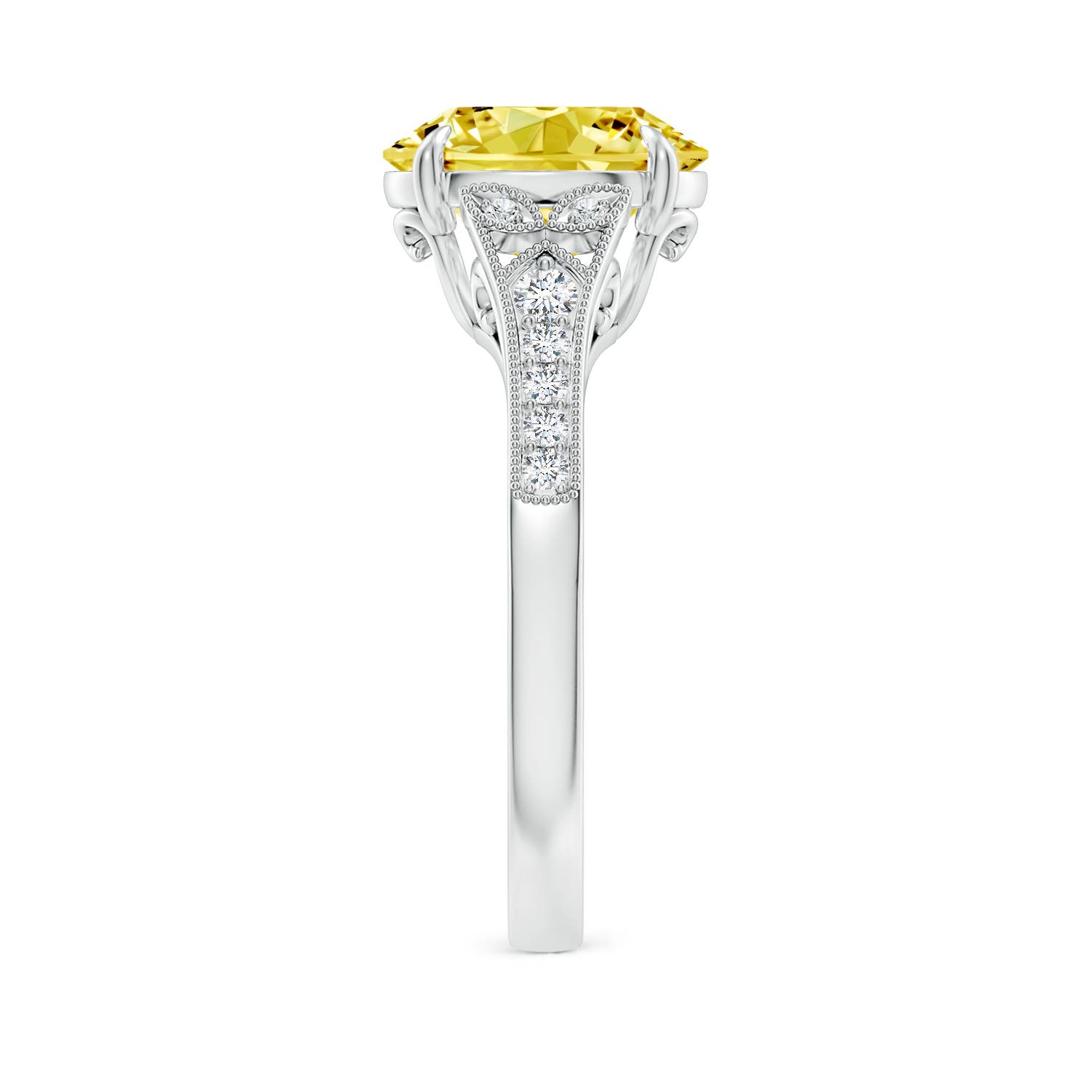 10x8mm Labgrown Aeon Vintage Inspired Oval Lab-Grown Fancy Intense Yellow Diamond Solitaire Engagement Ring with Milgrain in White Gold - side 3