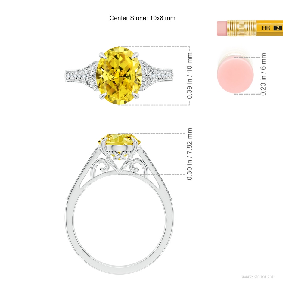 10x8mm Labgrown Aeon Vintage Inspired Oval Lab-Grown Fancy Intense Yellow Diamond Solitaire Engagement Ring with Milgrain in White Gold ruler