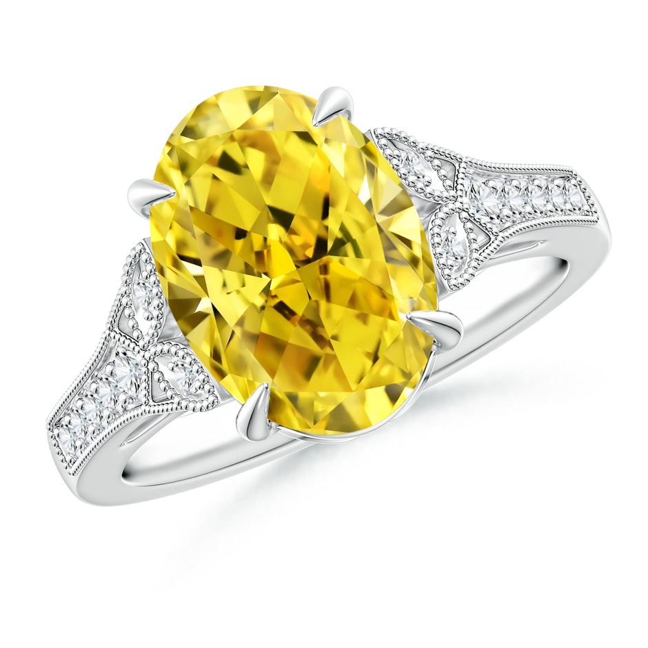 12x8mm Labgrown Aeon Vintage Inspired Oval Lab-Grown Fancy Intense Yellow Diamond Solitaire Engagement Ring with Milgrain in White Gold 