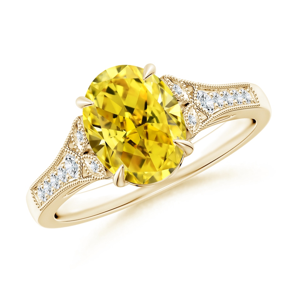 9x7mm Labgrown Aeon Vintage Inspired Oval Lab-Grown Fancy Intense Yellow Diamond Solitaire Engagement Ring with Milgrain in Yellow Gold 
