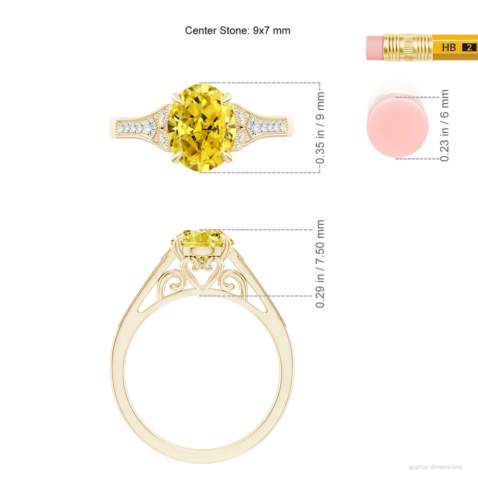 9x7mm Labgrown Aeon Vintage Inspired Oval Lab-Grown Fancy Intense Yellow Diamond Solitaire Engagement Ring with Milgrain in Yellow Gold ruler