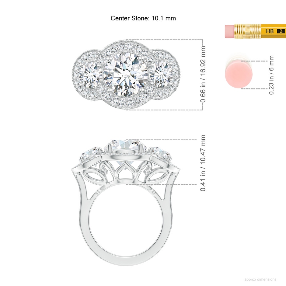 10.1mm FGVS Lab-Grown Aeon Vintage Inspired Diamond Halo Three Stone Engagement Ring with Milgrain in 18K White Gold ruler