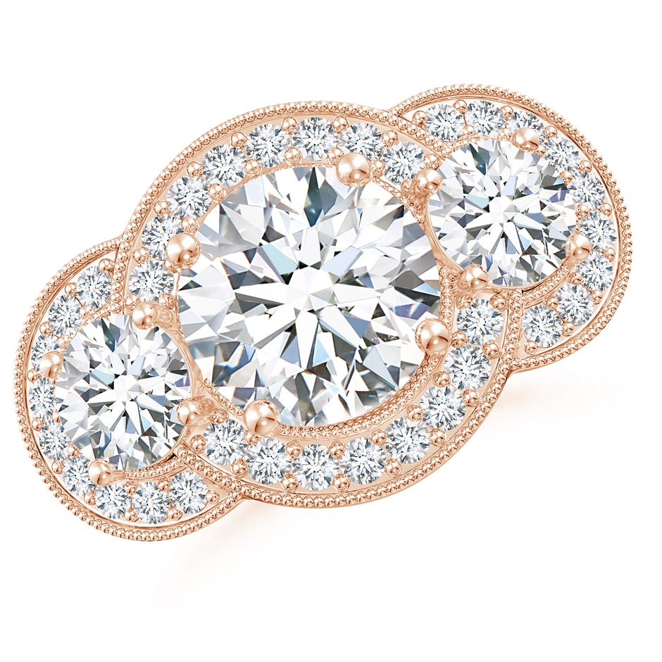 10.1mm FGVS Lab-Grown Aeon Vintage Inspired Diamond Halo Three Stone Engagement Ring with Milgrain in Rose Gold 