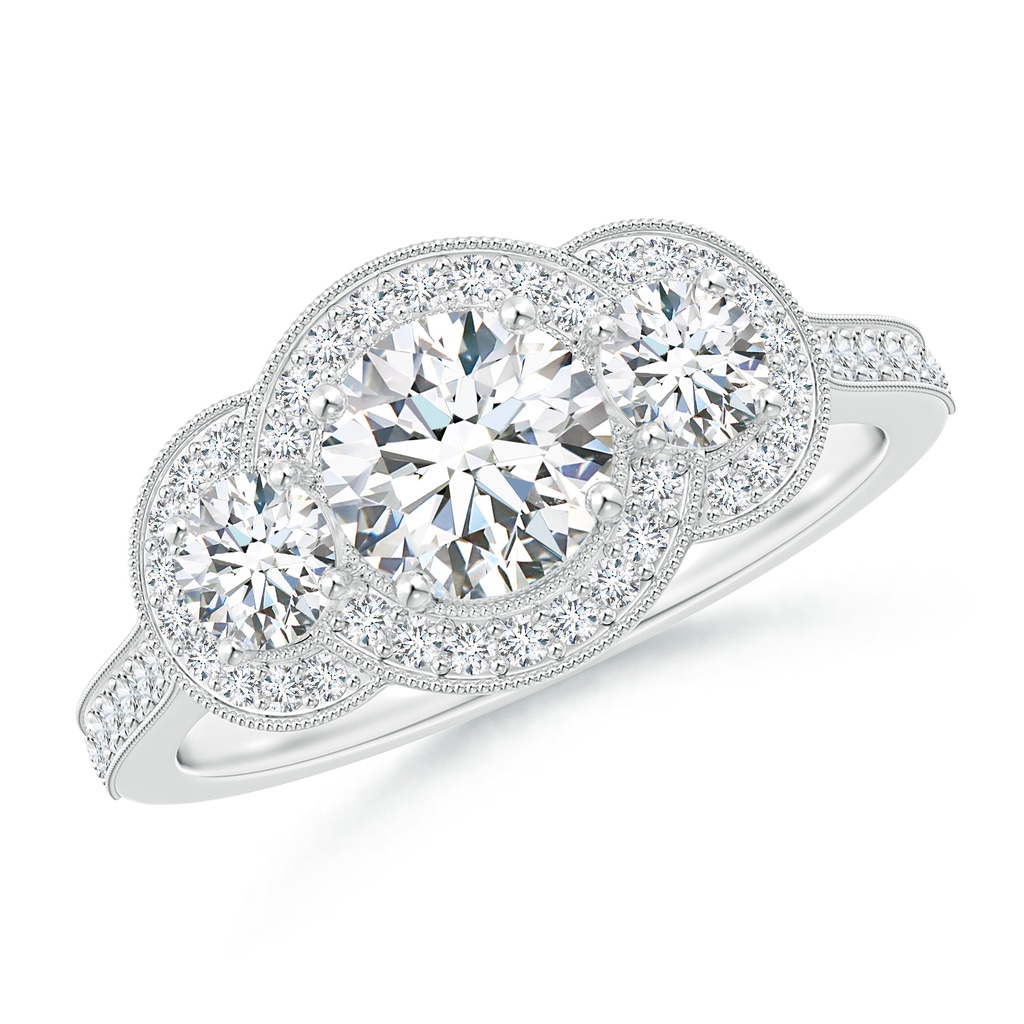 6mm FGVS Lab-Grown Aeon Vintage Inspired Diamond Halo Three Stone Engagement Ring with Milgrain in White Gold