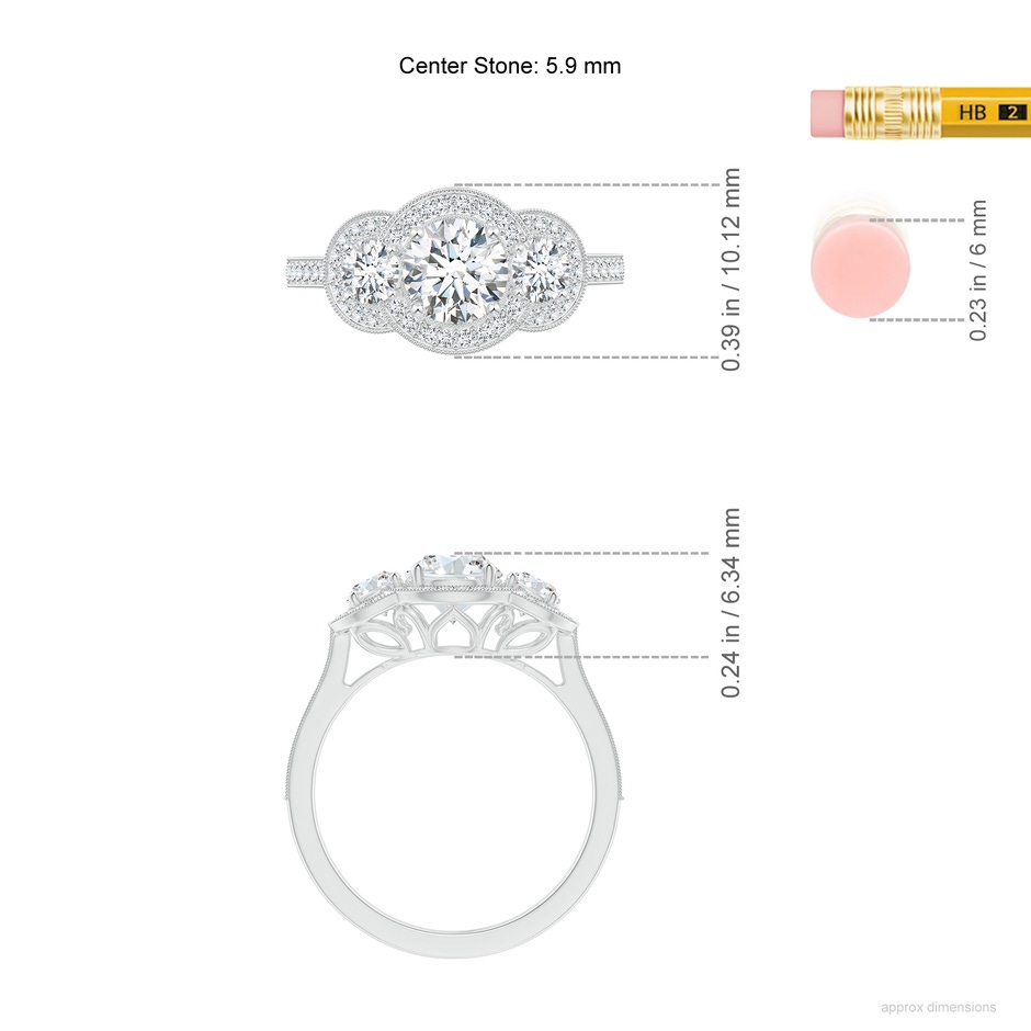 6mm FGVS Lab-Grown Aeon Vintage Inspired Diamond Halo Three Stone Engagement Ring with Milgrain in White Gold ruler