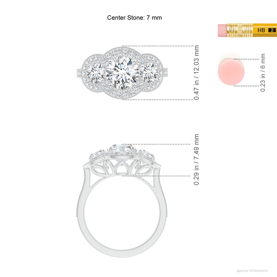 7mm FGVS Lab-Grown Aeon Vintage Inspired Diamond Halo Three Stone Engagement Ring with Milgrain in White Gold ruler