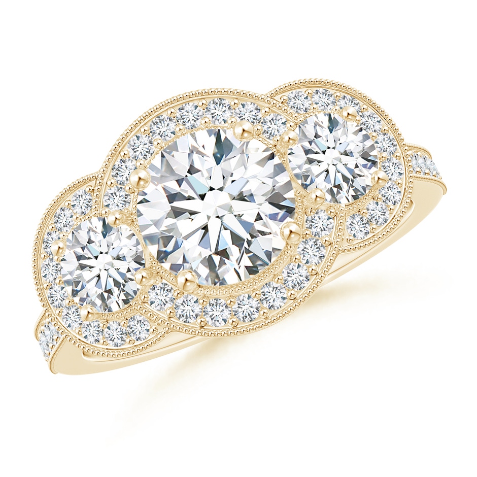 7mm FGVS Lab-Grown Aeon Vintage Inspired Diamond Halo Three Stone Engagement Ring with Milgrain in Yellow Gold 