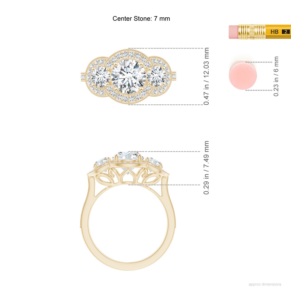 7mm FGVS Lab-Grown Aeon Vintage Inspired Diamond Halo Three Stone Engagement Ring with Milgrain in Yellow Gold ruler