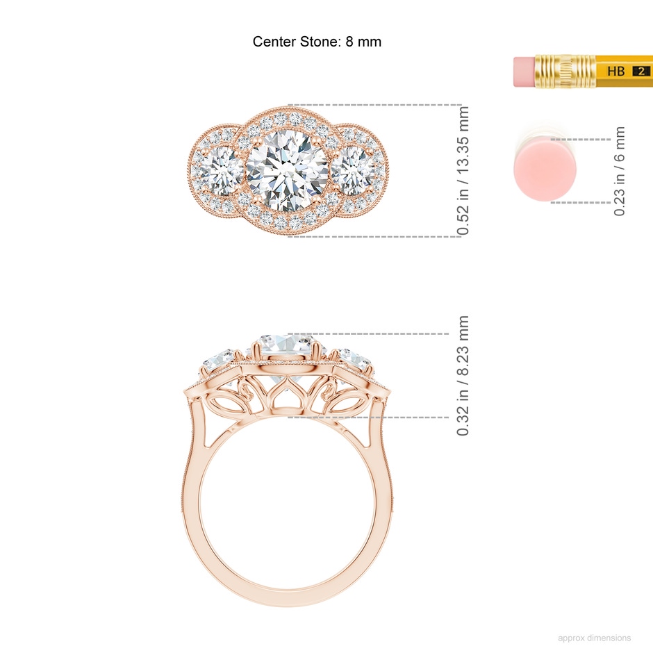 8mm FGVS Lab-Grown Aeon Vintage Inspired Diamond Halo Three Stone Engagement Ring with Milgrain in Rose Gold ruler