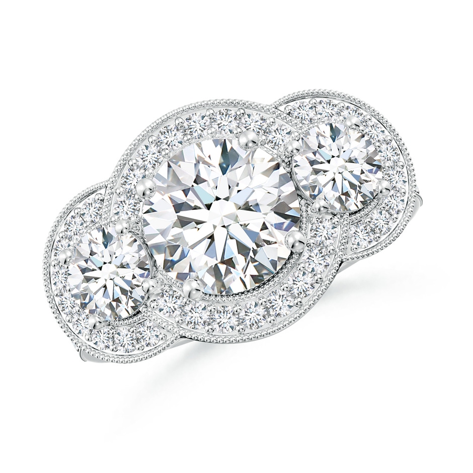 8mm FGVS Lab-Grown Aeon Vintage Inspired Diamond Halo Three Stone Engagement Ring with Milgrain in White Gold 