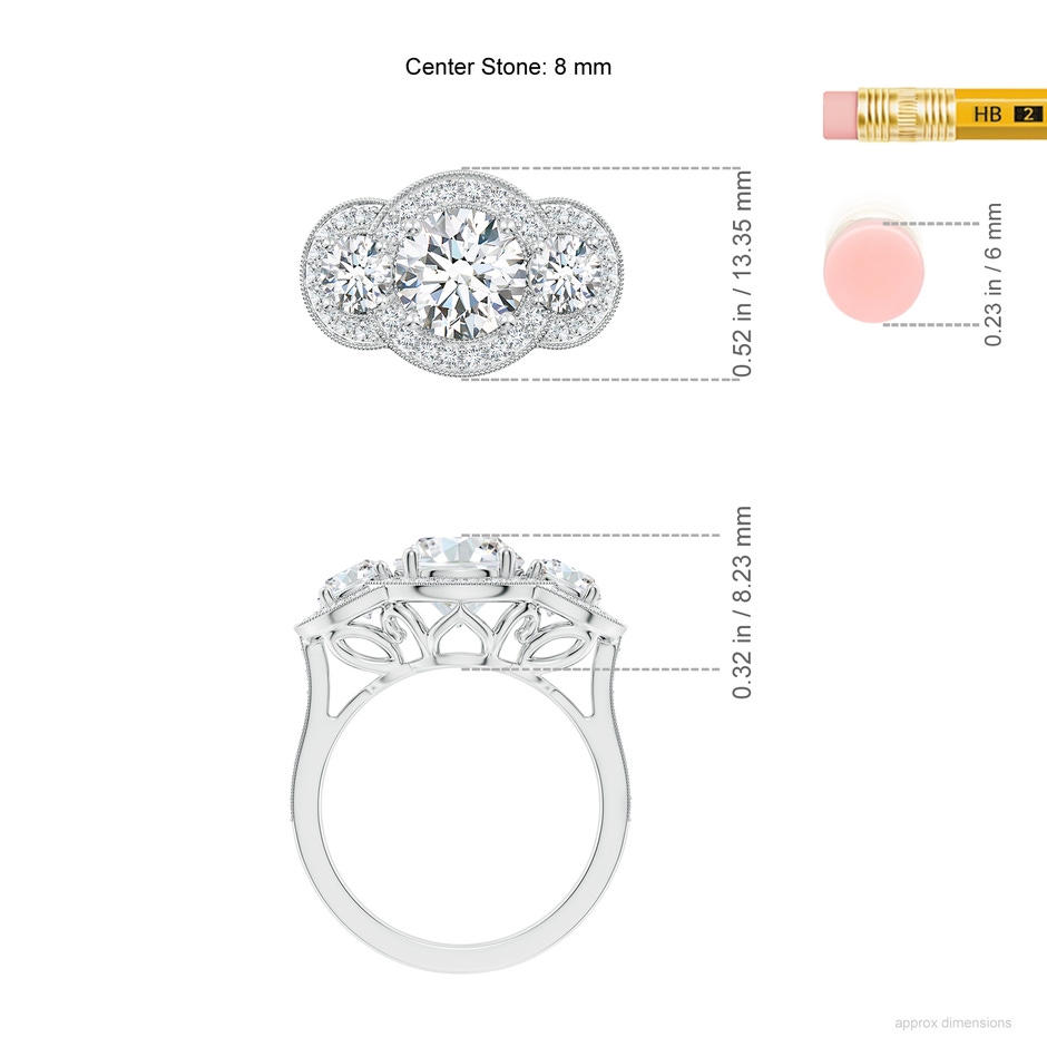 8mm FGVS Lab-Grown Aeon Vintage Inspired Diamond Halo Three Stone Engagement Ring with Milgrain in White Gold ruler