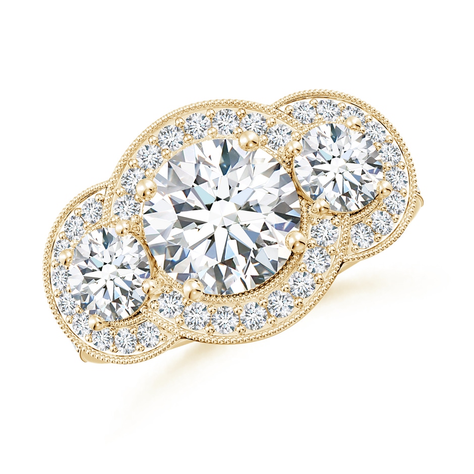 8mm FGVS Lab-Grown Aeon Vintage Inspired Diamond Halo Three Stone Engagement Ring with Milgrain in Yellow Gold 