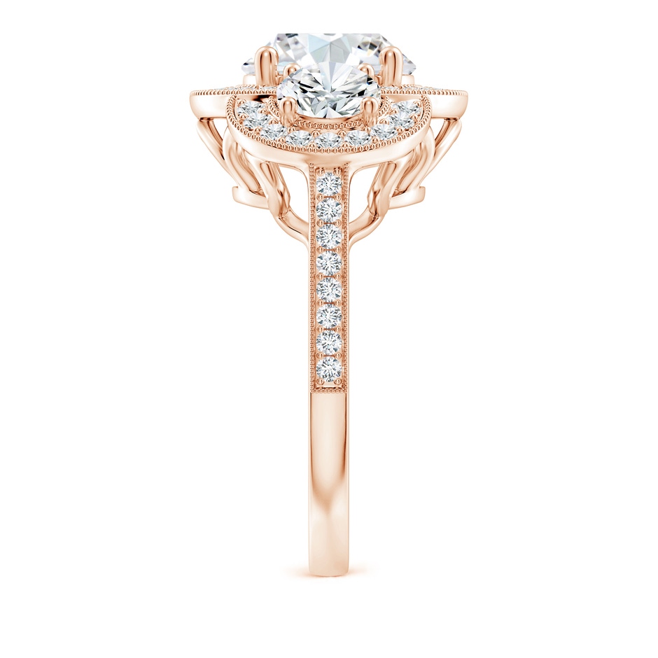 9.2mm FGVS Lab-Grown Aeon Vintage Inspired Diamond Halo Three Stone Engagement Ring with Milgrain in Rose Gold side 299