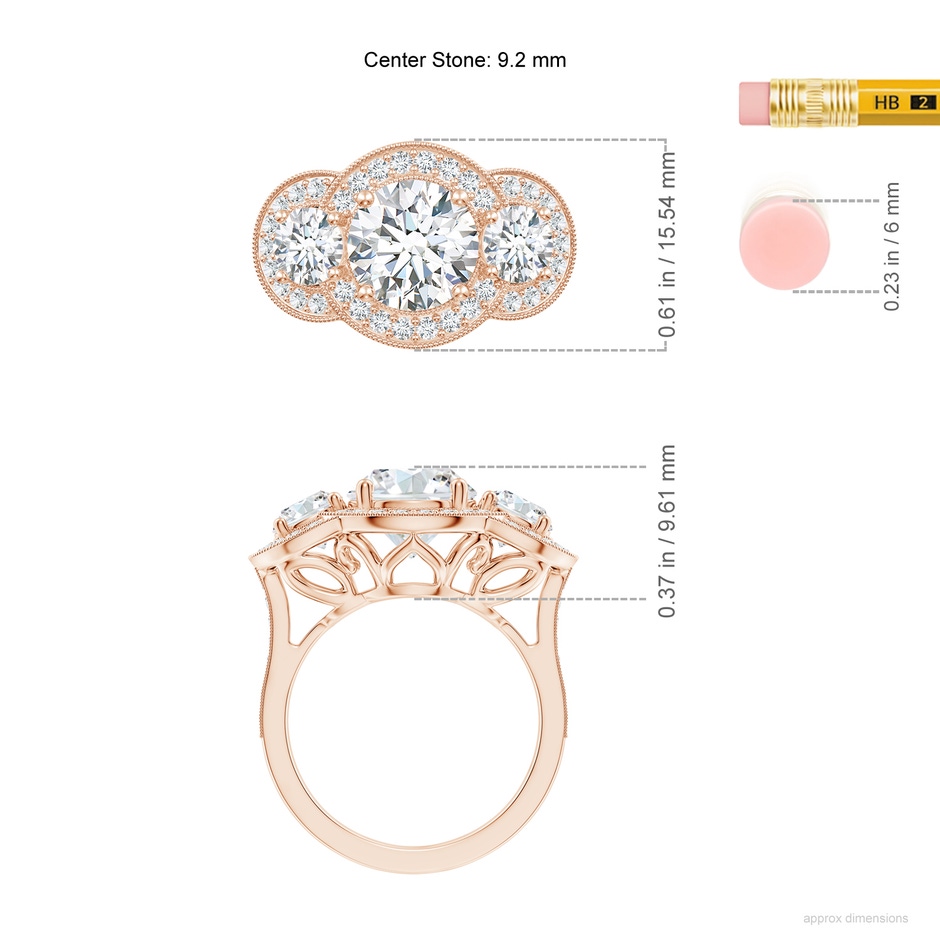 9.2mm FGVS Lab-Grown Aeon Vintage Inspired Diamond Halo Three Stone Engagement Ring with Milgrain in Rose Gold ruler