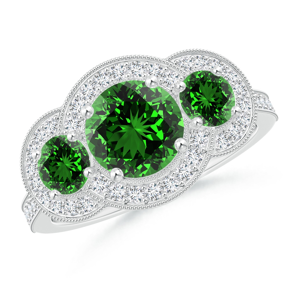 7mm Labgrown Lab-Grown Aeon Vintage Inspired Emerald Halo Three Stone Engagement Ring with Milgrain in P950 Platinum