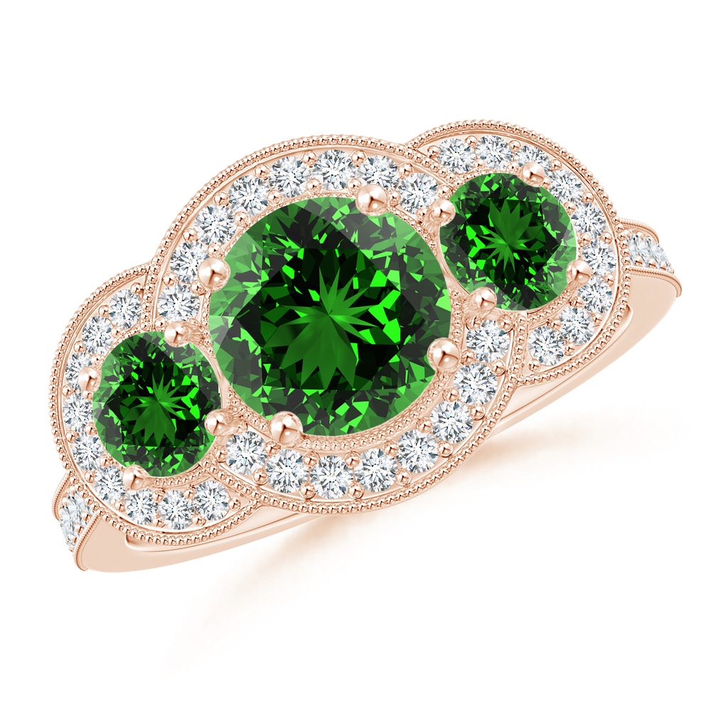 7mm Labgrown Lab-Grown Aeon Vintage Inspired Emerald Halo Three Stone Engagement Ring with Milgrain in Rose Gold