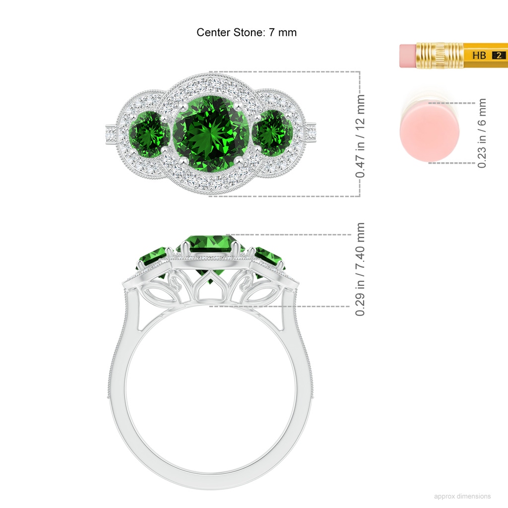 7mm Labgrown Lab-Grown Aeon Vintage Inspired Emerald Halo Three Stone Engagement Ring with Milgrain in White Gold ruler