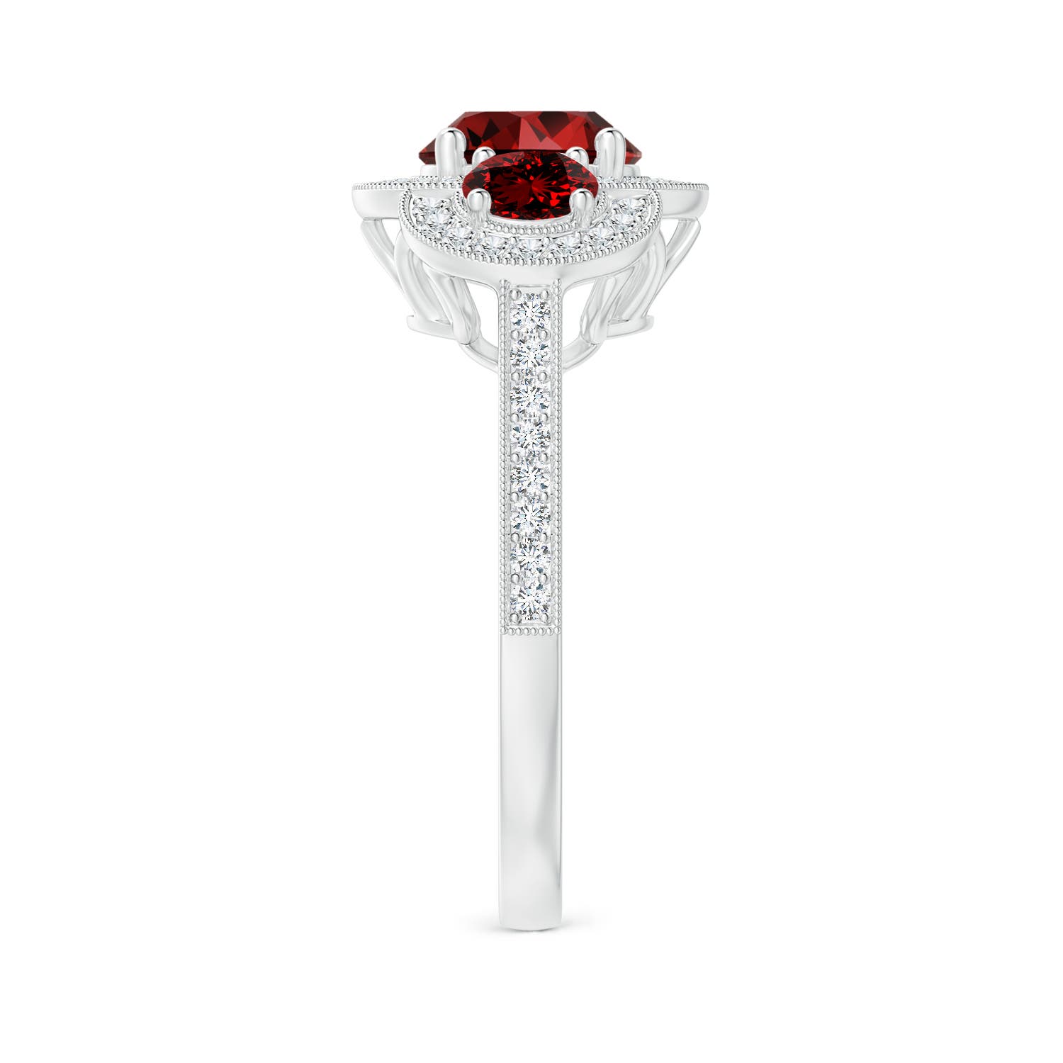7mm Labgrown Lab-Grown Aeon Vintage Inspired Ruby Halo Three Stone Engagement Ring with Milgrain in P950 Platinum - side 4