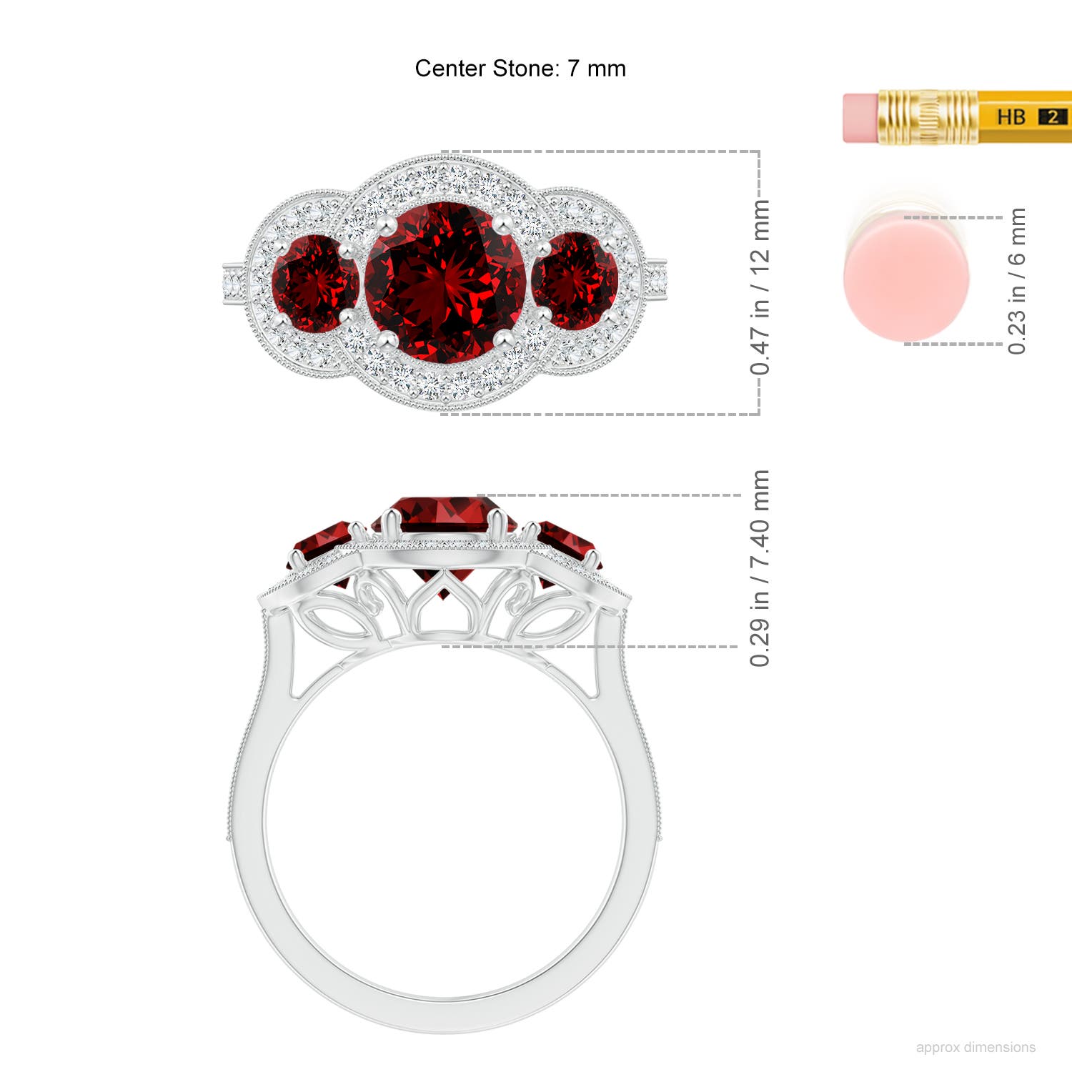 7mm Labgrown Lab-Grown Aeon Vintage Inspired Ruby Halo Three Stone Engagement Ring with Milgrain in P950 Platinum - ruler