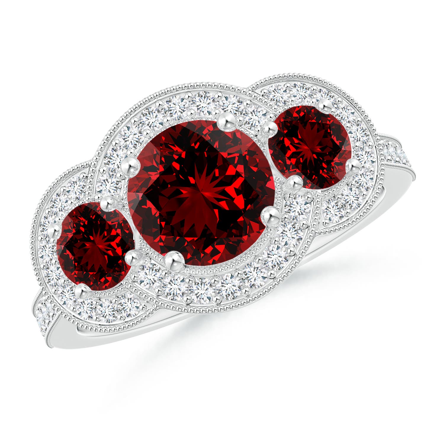 7mm Labgrown Lab-Grown Aeon Vintage Inspired Ruby Halo Three Stone Engagement Ring with Milgrain in White Gold
