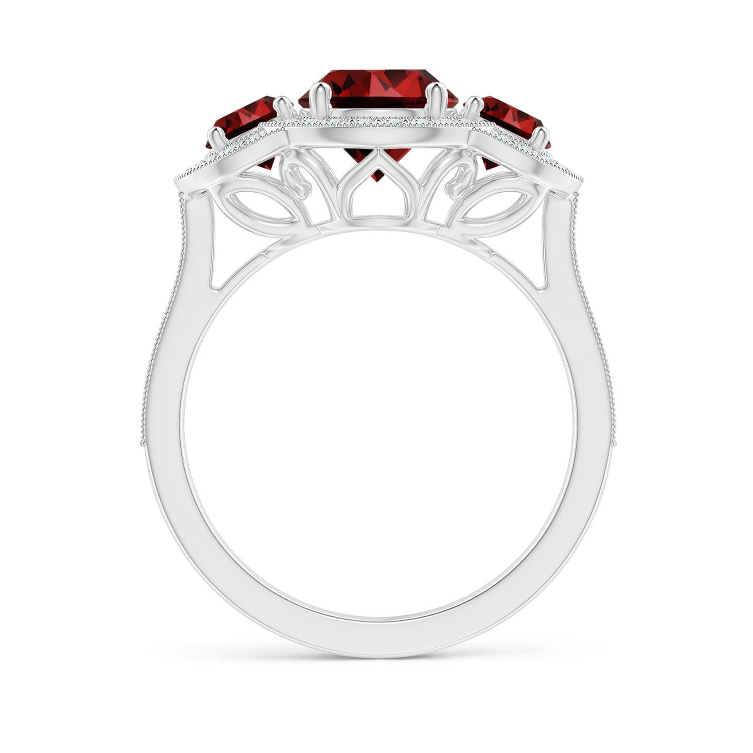 7mm Labgrown Lab-Grown Aeon Vintage Inspired Ruby Halo Three Stone Engagement Ring with Milgrain in White Gold