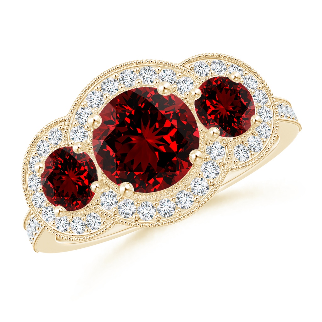 7mm Labgrown Lab-Grown Aeon Vintage Inspired Ruby Halo Three Stone Engagement Ring with Milgrain in Yellow Gold
