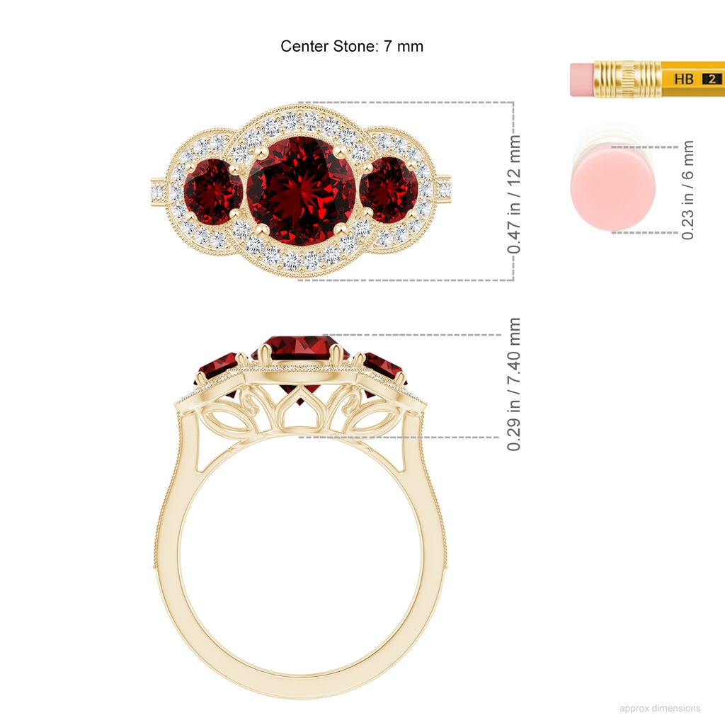 7mm Labgrown Lab-Grown Aeon Vintage Inspired Ruby Halo Three Stone Engagement Ring with Milgrain in Yellow Gold ruler