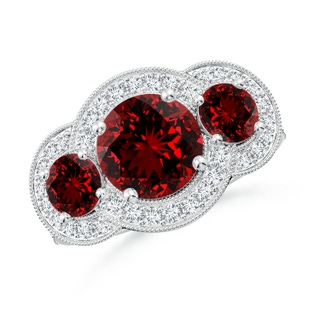 8mm Labgrown Lab-Grown Aeon Vintage Inspired Ruby Halo Three Stone Engagement Ring with Milgrain in P950 Platinum