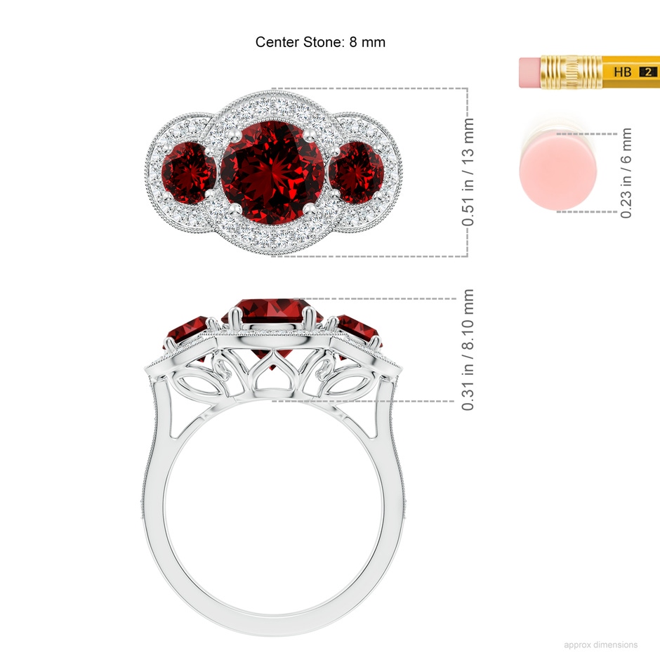 8mm Labgrown Lab-Grown Aeon Vintage Inspired Ruby Halo Three Stone Engagement Ring with Milgrain in P950 Platinum ruler